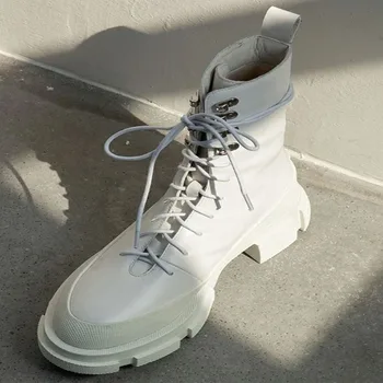 Белые Кожаные Ботильоны Zapatos Para Mujeres С ремешками спереди На Не сужающемся книзу массивном каблуке, Женская обувь Bota Feminina С круглым носком, Зима 2023